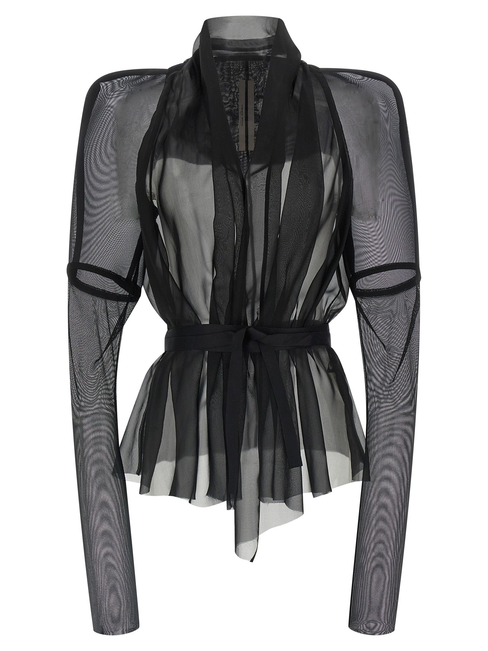 Overcoat by Rick Owens for women in silk nylon chiffon black & transparent features an voluminous silhouette, showcasing distinct and a voluminous round shawl-collar neckline for a truly voluminous aesthetic.