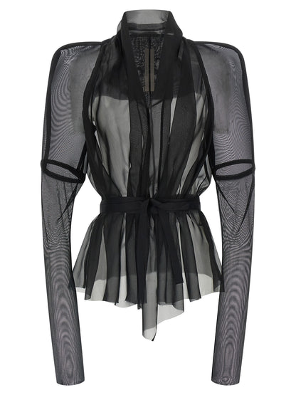 Overcoat by Rick Owens for women in silk nylon chiffon black & transparent features an voluminous silhouette, showcasing distinct and a voluminous round shawl-collar neckline for a truly voluminous aesthetic.
