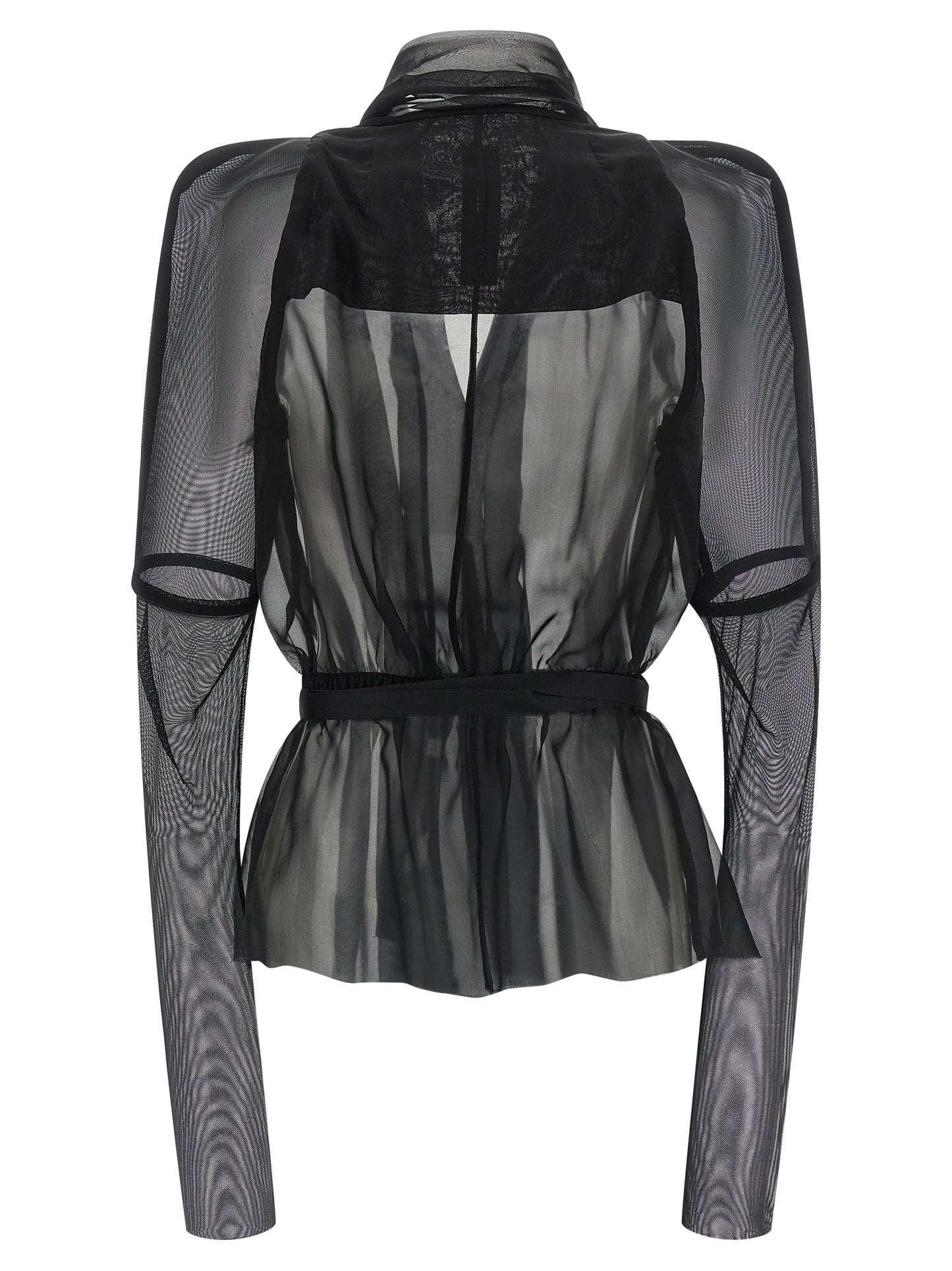 Overcoat by Rick Owens for women in silk nylon chiffon black & transparent features an satoral silhouette, showcasing a sophisticated round shawl-collar neckline and satoral for a premium, timeless look.
