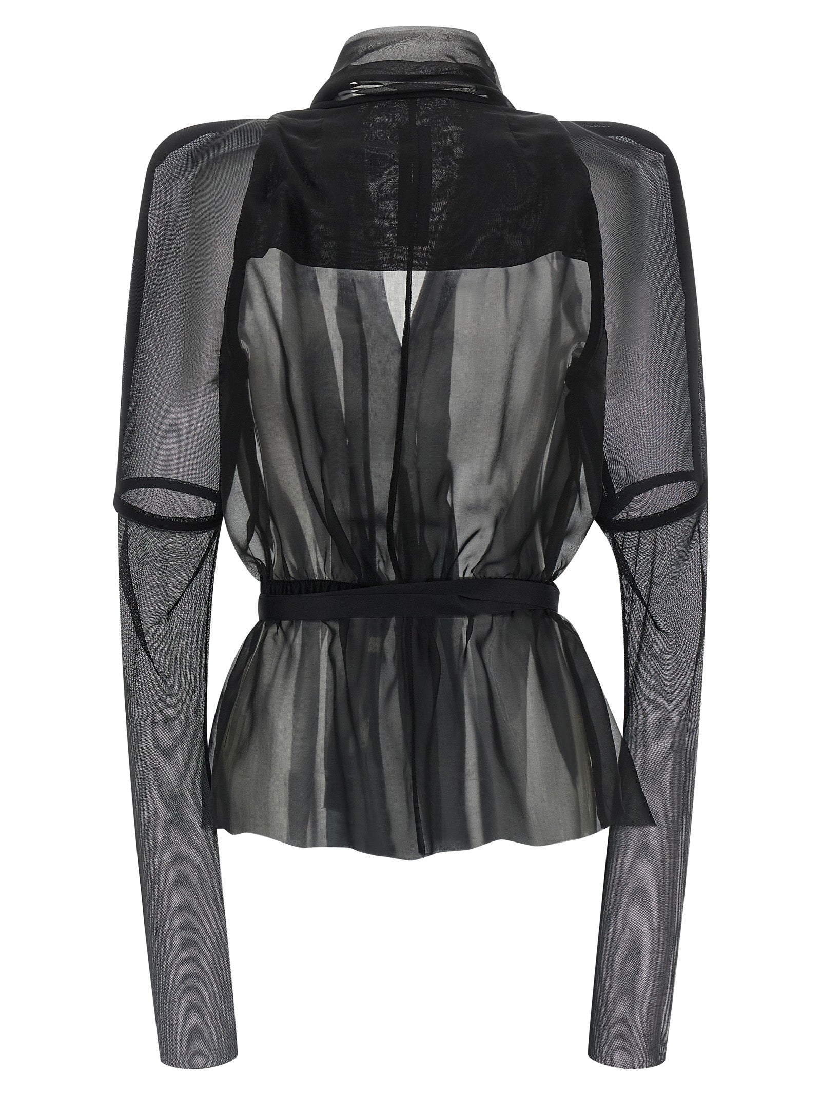 Overcoat by Rick Owens for women in silk nylon chiffon black & transparent features an satoral silhouette, showcasing a sophisticated round shawl-collar neckline and satoral for a premium, timeless look.