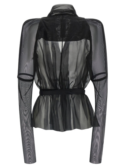 Overcoat by Rick Owens for women in silk nylon chiffon black & transparent features an satoral silhouette, showcasing a sophisticated round shawl-collar neckline and satoral for a premium, timeless look.
