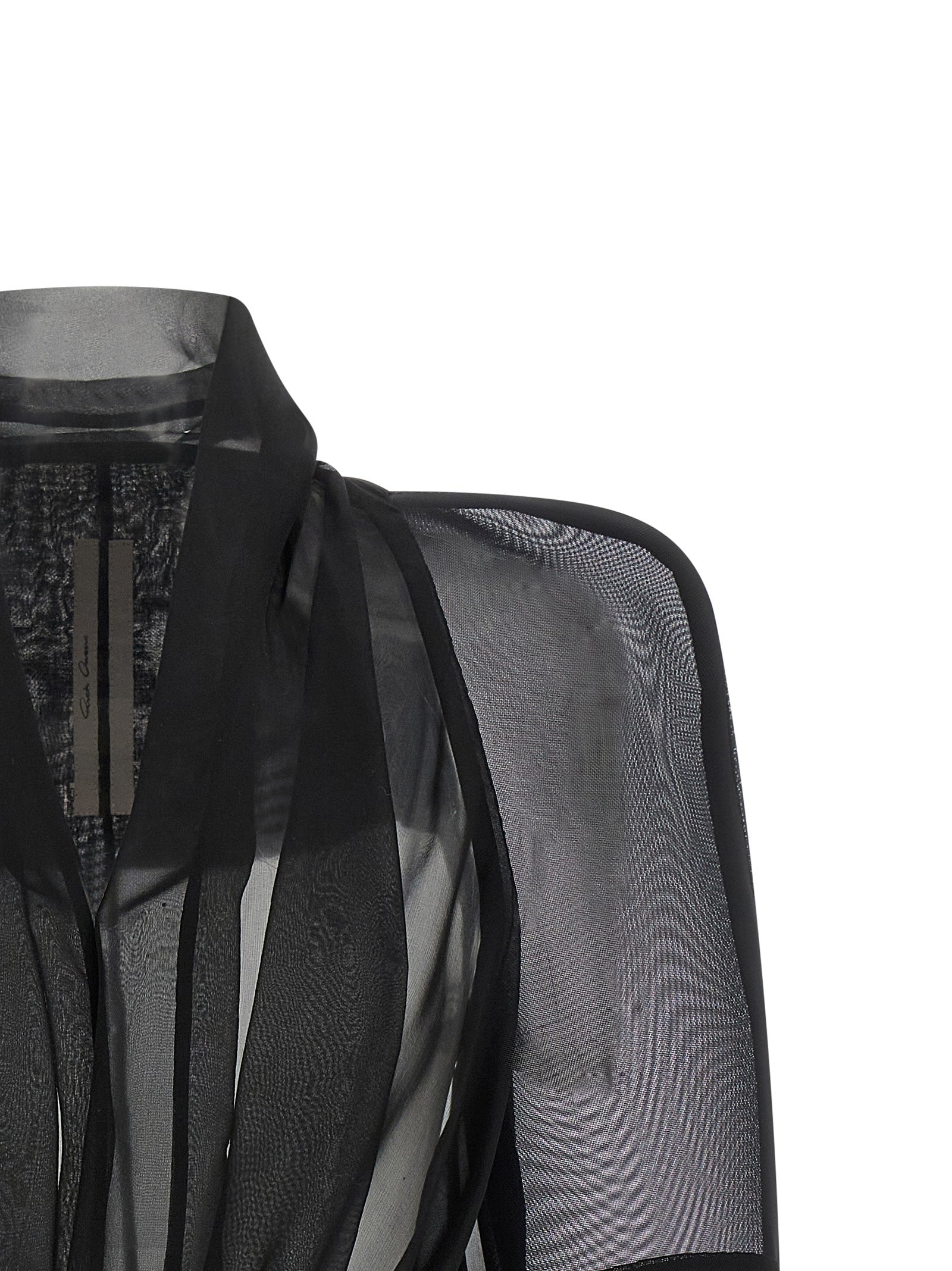 Overcoat by Rick Owens for women in silk nylon chiffon black & transparent showcases a architectural silhouette, artfully detailed with a distinctive round shawl-collar neckline and functional for a architectural finish.