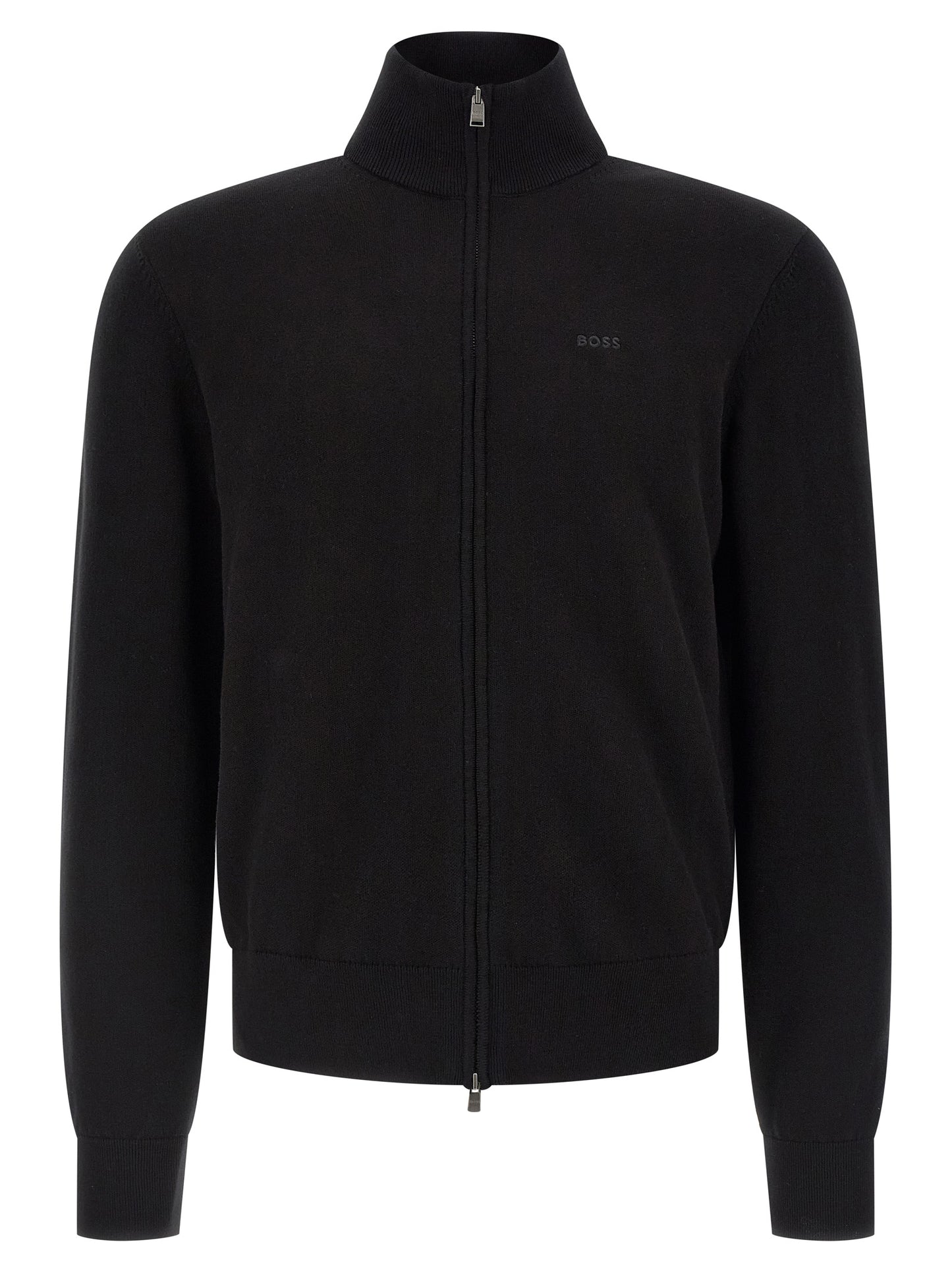 Cardigan by Hugo Boss for men in cotton black showcases a luxurious silhouette, meticulously detailed with a sophisticated high-neck neckline and long-sleeve for a refined finish.