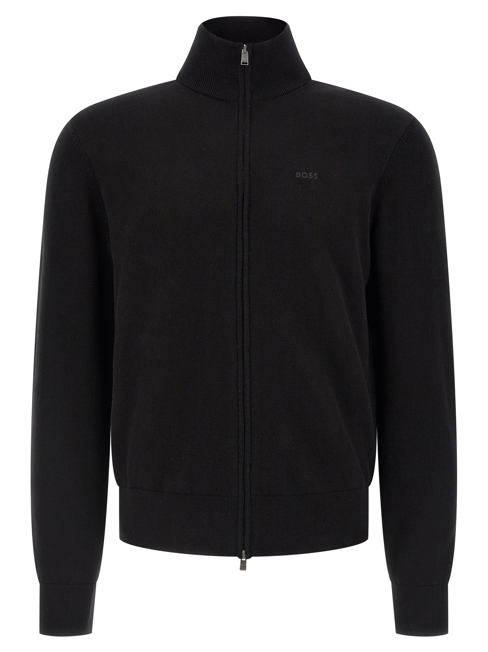 Cardigan by Hugo Boss for men in cotton black showcases a luxurious silhouette, meticulously detailed with a sophisticated high-neck neckline and long-sleeve for a refined finish.