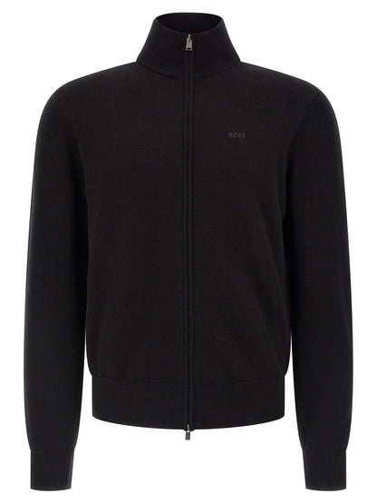 Cardigan by Hugo Boss for men in cotton black showcases a luxurious silhouette, meticulously detailed with a sophisticated high-neck neckline and long-sleeve for a refined finish.