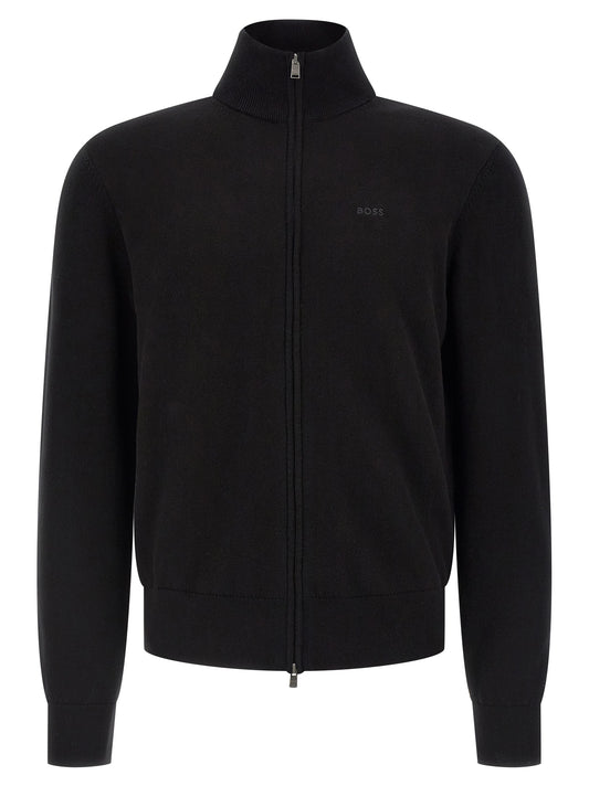 Cardigan by Hugo Boss for men in cotton black showcases a luxurious silhouette, meticulously detailed with a sophisticated high-neck neckline and long-sleeve for a refined finish.