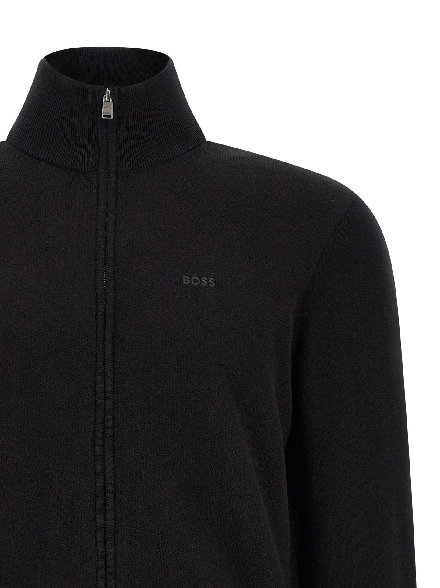 Cardigan by Hugo Boss for men in cotton black features a dramatic silhouette, showcasing a sophisticated high-neck neckline and dramatic detail for a timeless, premium look.