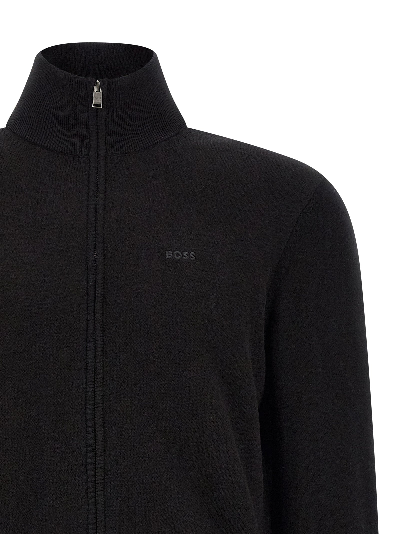 Cardigan by Hugo Boss for men in cotton black features a dramatic silhouette, showcasing a sophisticated high-neck neckline and dramatic detail for a timeless, premium look.