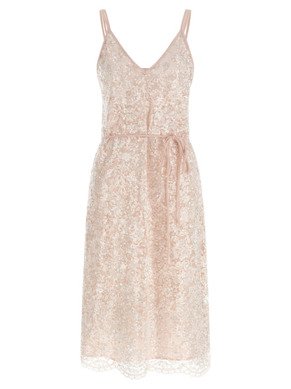 Dress by Twinset for women in polyester sequins multicolor, pink & transparent features an eye catching silhouette with a sophisticated v-neck neckline, elegant sleeveless, and a refined midi for a eye catching aesthetic.