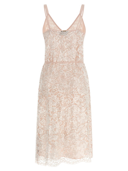 Dress by Twinset for women in polyester sequins multicolor, pink & transparent presents a sinuous silhouette, showcasing a sophisticated v-neck neckline and detailed with a sinuous midi for a refined finish.