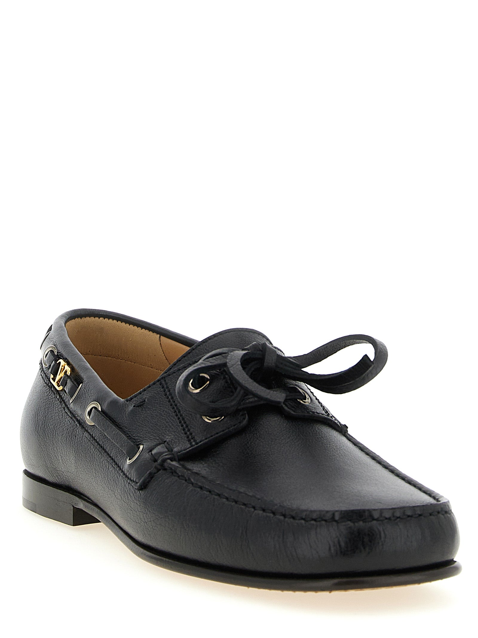Boat Loafer Slip-On Lace-Up Shoes by Valentino Garavani for men in buffalo & calf leather black & signature features an dynamic silhouette from the V Logo Men's Buffalo & Calf Leather Boat Loafer Slip-On Lace-Up Shoes collection, defined by a dynamic square toe style and for a dynamic look.