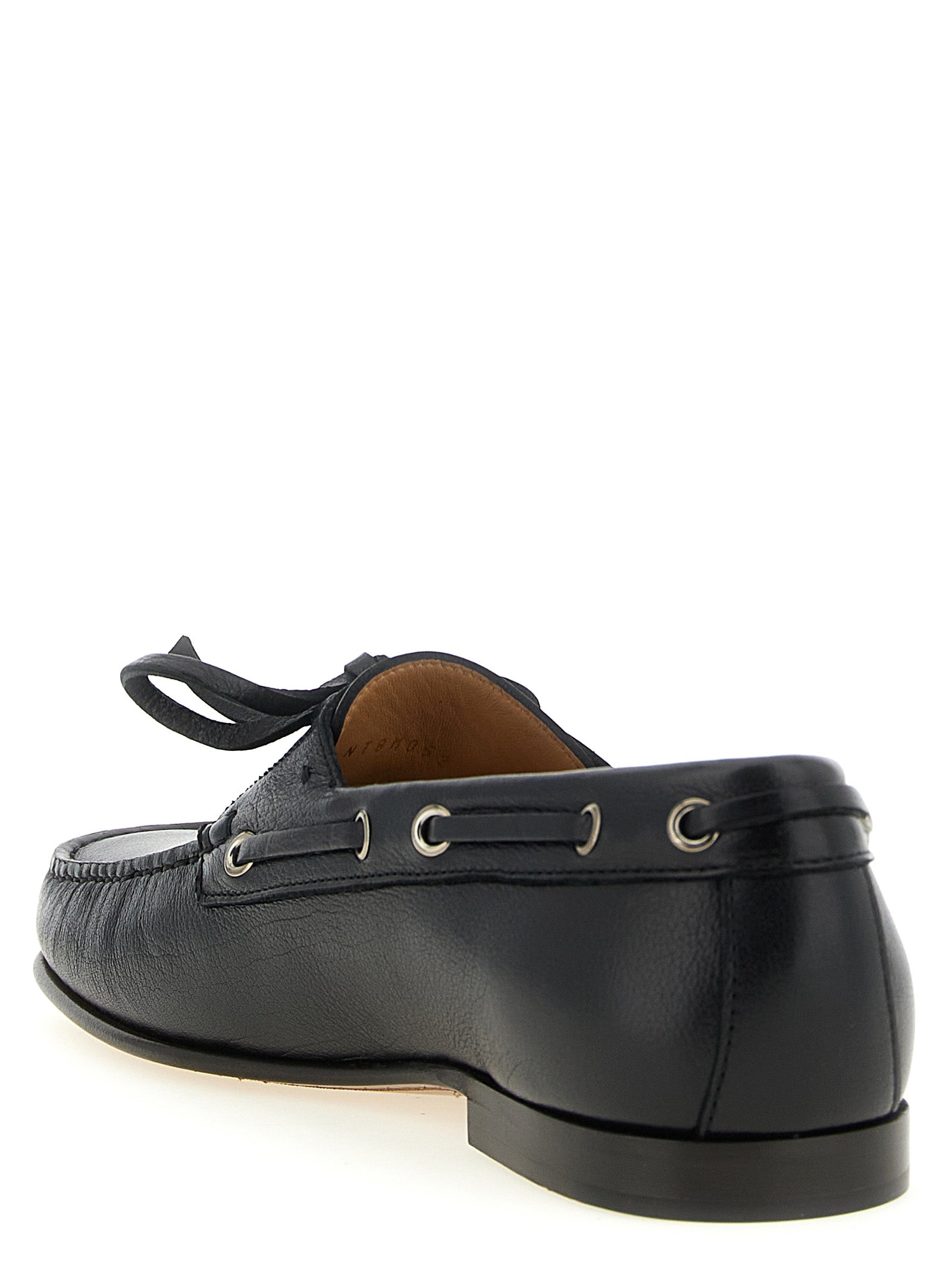 Boat Loafer Slip-On Lace-Up Shoes by Valentino Garavani for men in buffalo & calf leather black & signature features an effortless chic silhouette, showcasing the V Logo Men's Buffalo & Calf Leather Boat Loafer Slip-On Lace-Up Shoes design with an effortless chic and a square toe style for a effortless chic look.