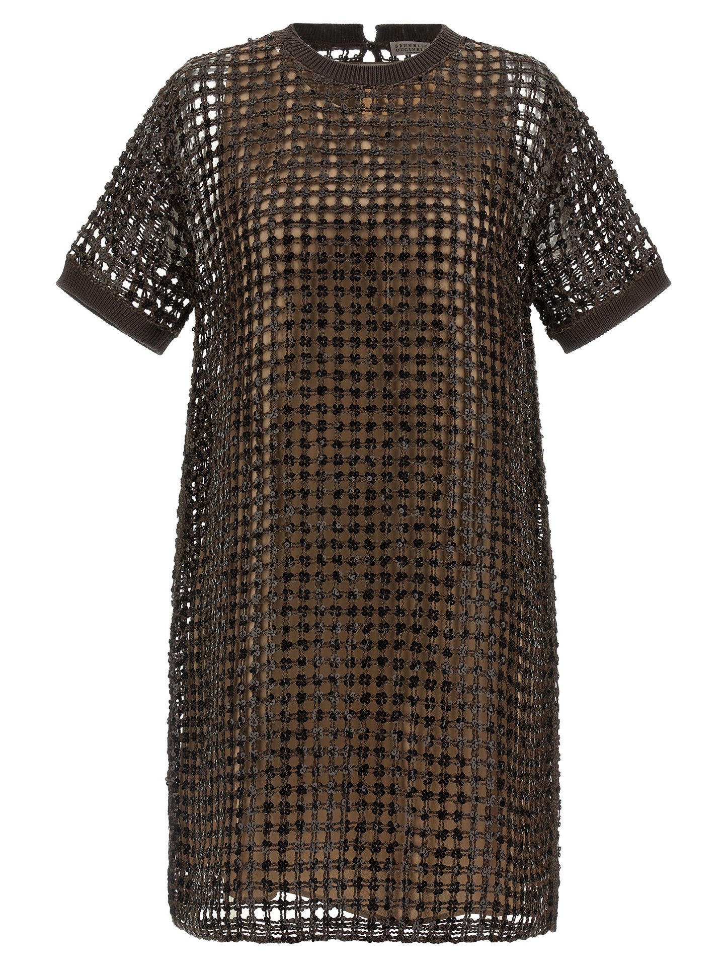 Dress by Brunello Cucinelli for women in linen silk & sequins brown features an magnificent silhouette, artfully detailed with a magnificent round neckline and short-sleeve that flows into an magnificent short mini.