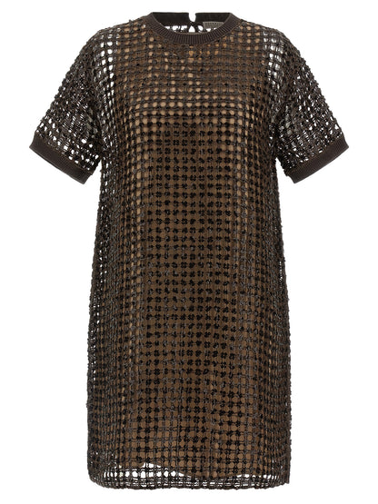 Dress by Brunello Cucinelli for women in linen silk & sequins brown features an magnificent silhouette, artfully detailed with a magnificent round neckline and short-sleeve that flows into an magnificent short mini.