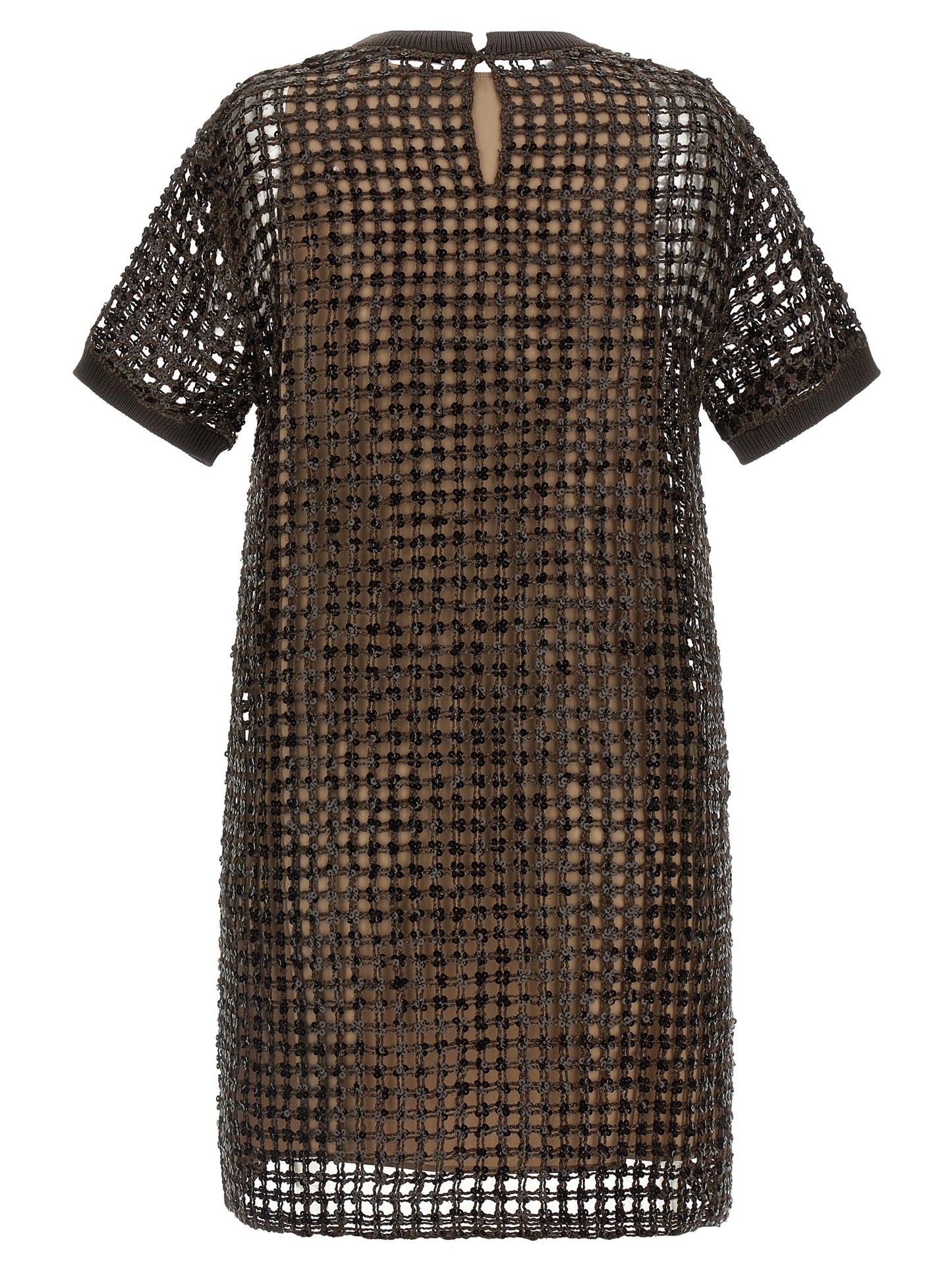 Dress by Brunello Cucinelli for women in linen silk & sequins brown presents a sinuous silhouette, showcasing a sophisticated round neckline and detailed with a sinuous short mini for a refined finish.