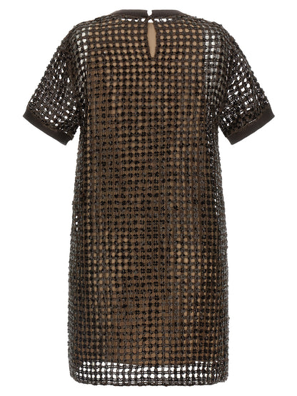 Dress by Brunello Cucinelli for women in linen silk & sequins brown presents a sinuous silhouette, showcasing a sophisticated round neckline and detailed with a sinuous short mini for a refined finish.