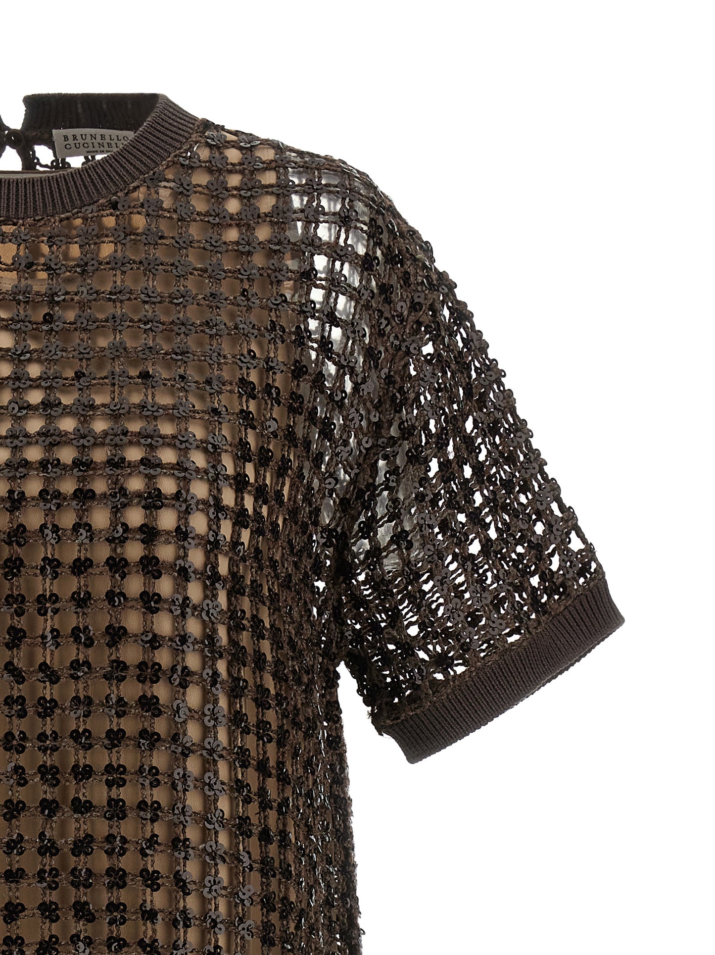 Dress by Brunello Cucinelli for women in linen silk & sequins brown features an eye catching silhouette with a sophisticated round neckline, elegant , and a refined short mini for a eye catching aesthetic.