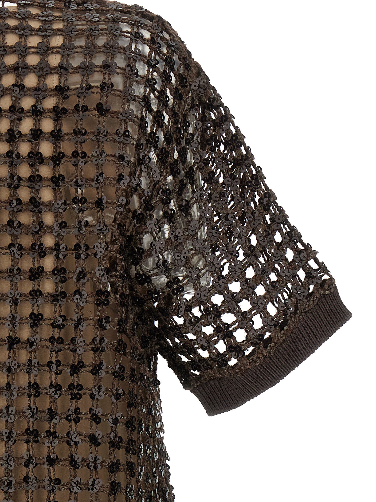Dress by Brunello Cucinelli for women in linen silk & sequins brown features a dramatic silhouette, showcasing an elegant and that flows into a dramatic short mini.