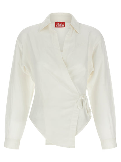 Blouse by Diesel for women in viscose modal & linen white showcases a sharp silhouette, elegantly detailed with a sharp v-neck neckline and sharp .