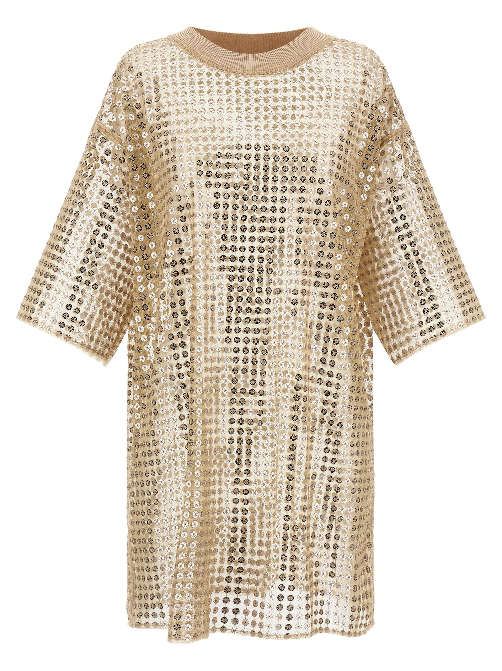 Dress by Fabiana Filippi for women in polyester sequins beige & transparent features an eye catching silhouette with a sophisticated crew neckline, elegant short-sleeve, and a refined short mini for a eye catching aesthetic.