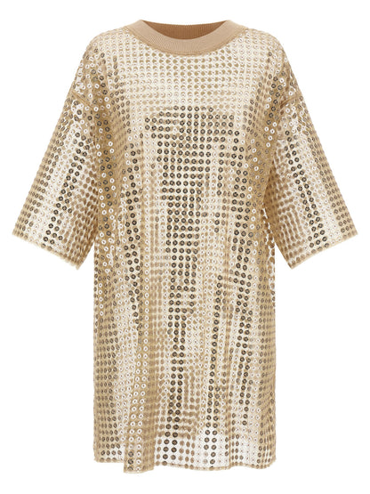 Dress by Fabiana Filippi for women in polyester sequins beige & transparent features an eye catching silhouette with a sophisticated crew neckline, elegant short-sleeve, and a refined short mini for a eye catching aesthetic.