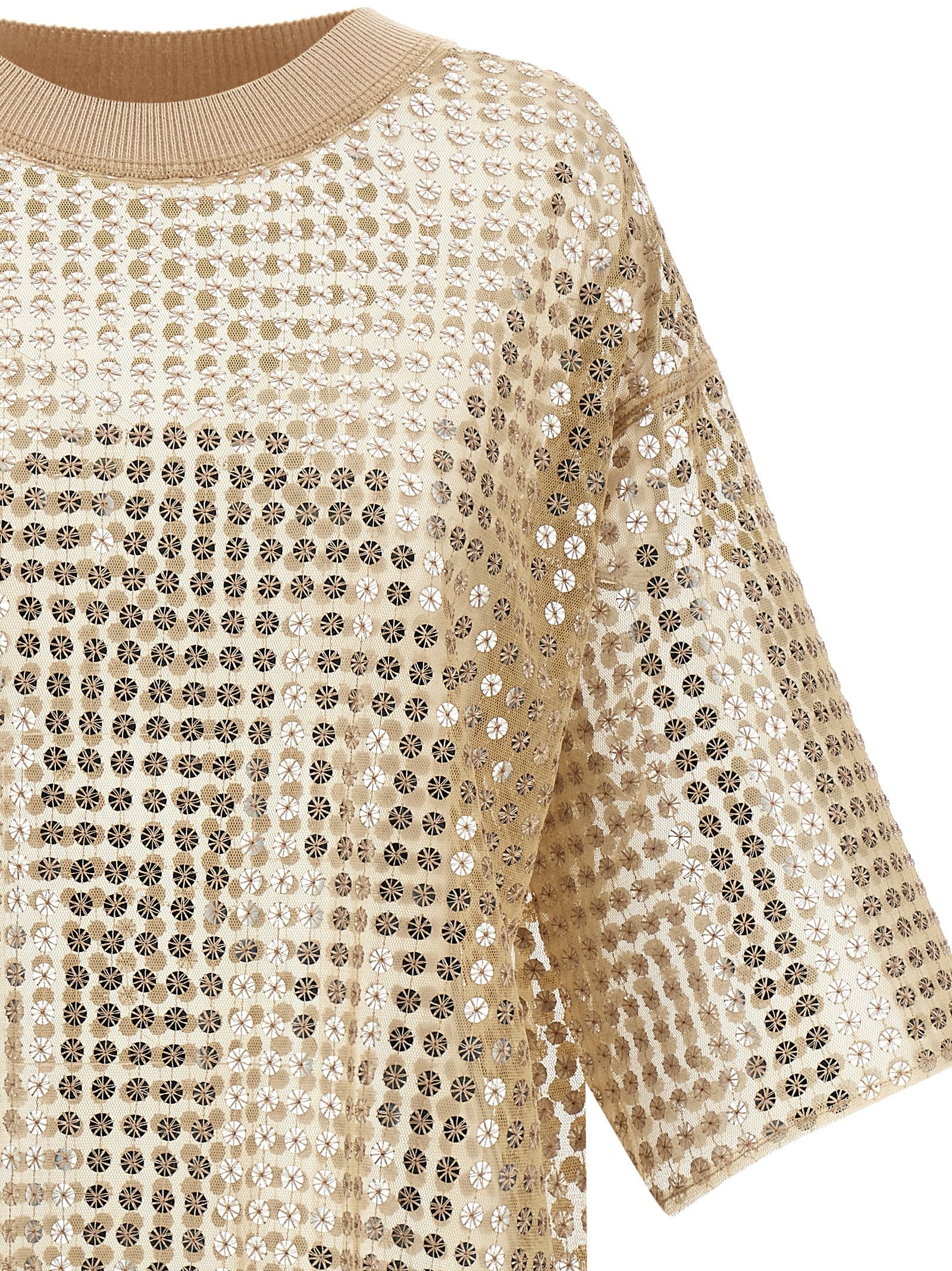 Dress by Fabiana Filippi for women in polyester sequins beige & transparent showcases a striking silhouette, elegantly detailed with a , refined crew neckline, and a striking short mini for a striking finish.