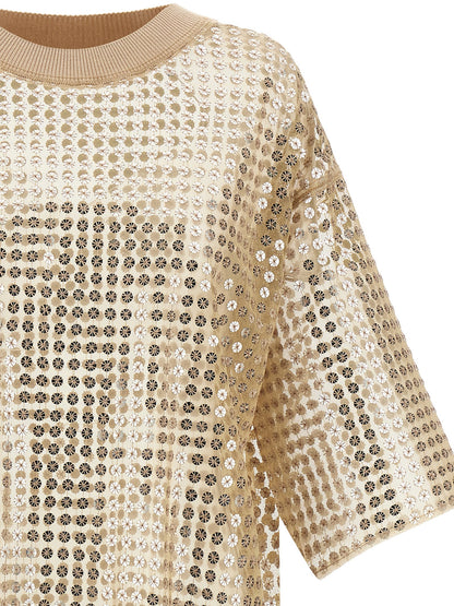 Dress by Fabiana Filippi for women in polyester sequins beige & transparent showcases a striking silhouette, elegantly detailed with a , refined crew neckline, and a striking short mini for a striking finish.