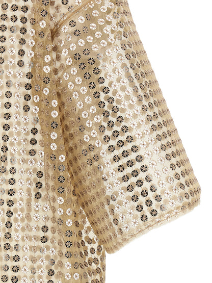 Dress by Fabiana Filippi for women in polyester sequins beige & transparent features a dramatic silhouette, showcasing an elegant crew neckline and that flows into a dramatic short mini.