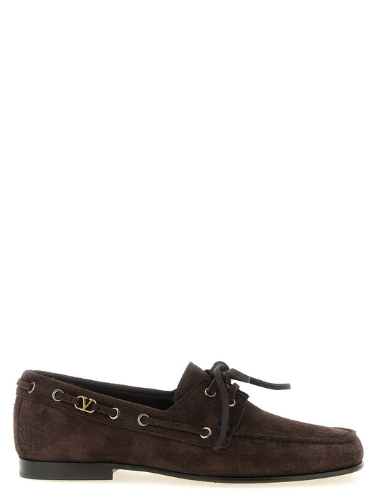 Boat Loafer Slip-On Lace-Up Shoes by Valentino Garavani for men in bos taurus suede cowhide leather brown & signature showcases a impeccable silhouette as V Logo Men's Bos Taurus Suede Cowhide Leather Boat Loafer Slip-On Lace-Up Shoes, artfully designed with a impeccable and refined square toe style for a impeccable finish.