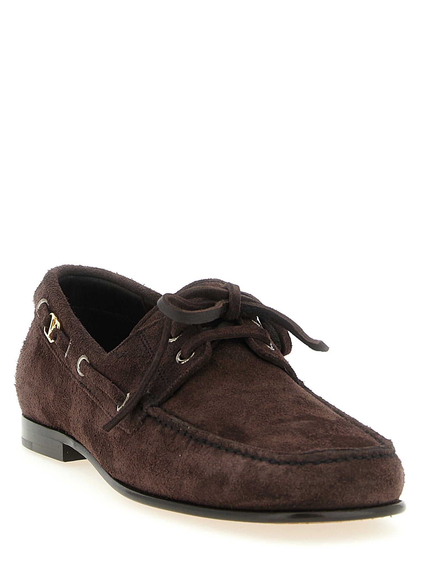 Boat Loafer Slip-On Lace-Up Shoes by Valentino Garavani for men in bos taurus suede cowhide leather brown & signature features an ergonomic silhouette, perfectly showcasing V Logo Men's Bos Taurus Suede Cowhide Leather Boat Loafer Slip-On Lace-Up Shoes with its distinct and elegant square toe style.