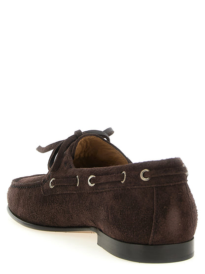 Boat Loafer Slip-On Lace-Up Shoes by Valentino Garavani for men in bos taurus suede cowhide leather brown & signature showcases a resplendent V Logo Men's Bos Taurus Suede Cowhide Leather Boat Loafer Slip-On Lace-Up Shoes aesthetic, defined by its resplendent square toe style and elegant .