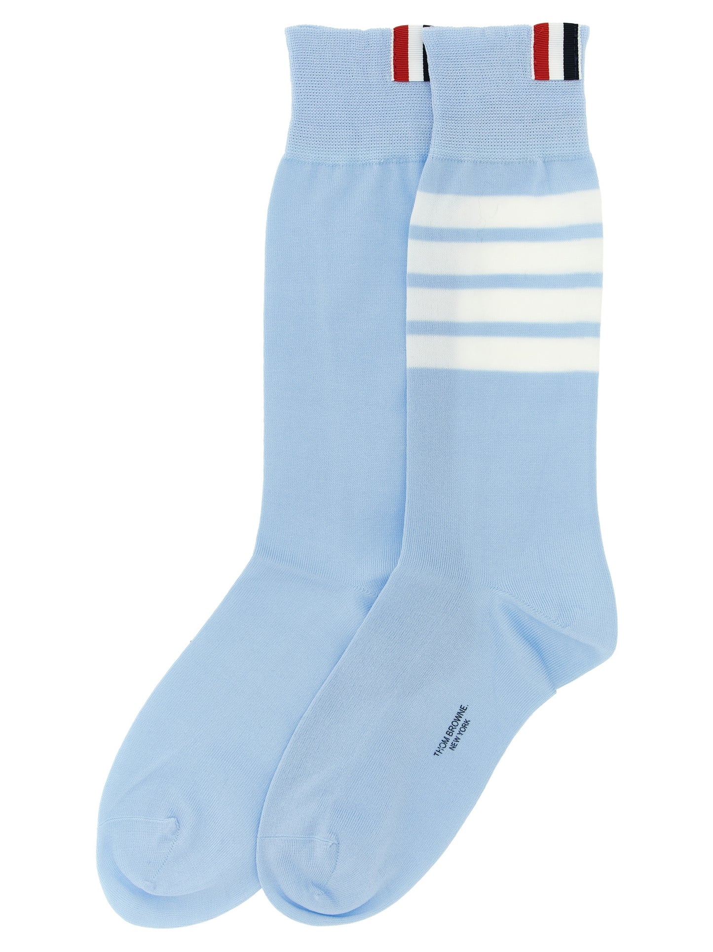 Socks by Thom Browne for women in polyamide cotton light-blue & signature features an utilitarian chic finish from the Women's Polyamide Cotton Socks collection, offering an utilitarian chic fit that ensures sophisticated comfort.