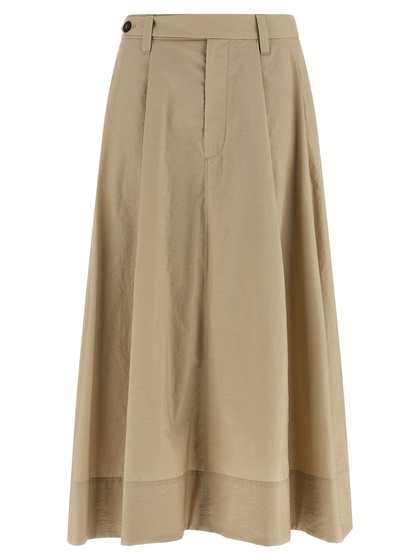 Skirt by Brunello Cucinelli for women in polyamide cotton beige features an tailored silhouette, artfully capturing the essence of Women's Flared Polyamide Cotton Midi Skirt in a sophisticated midi.