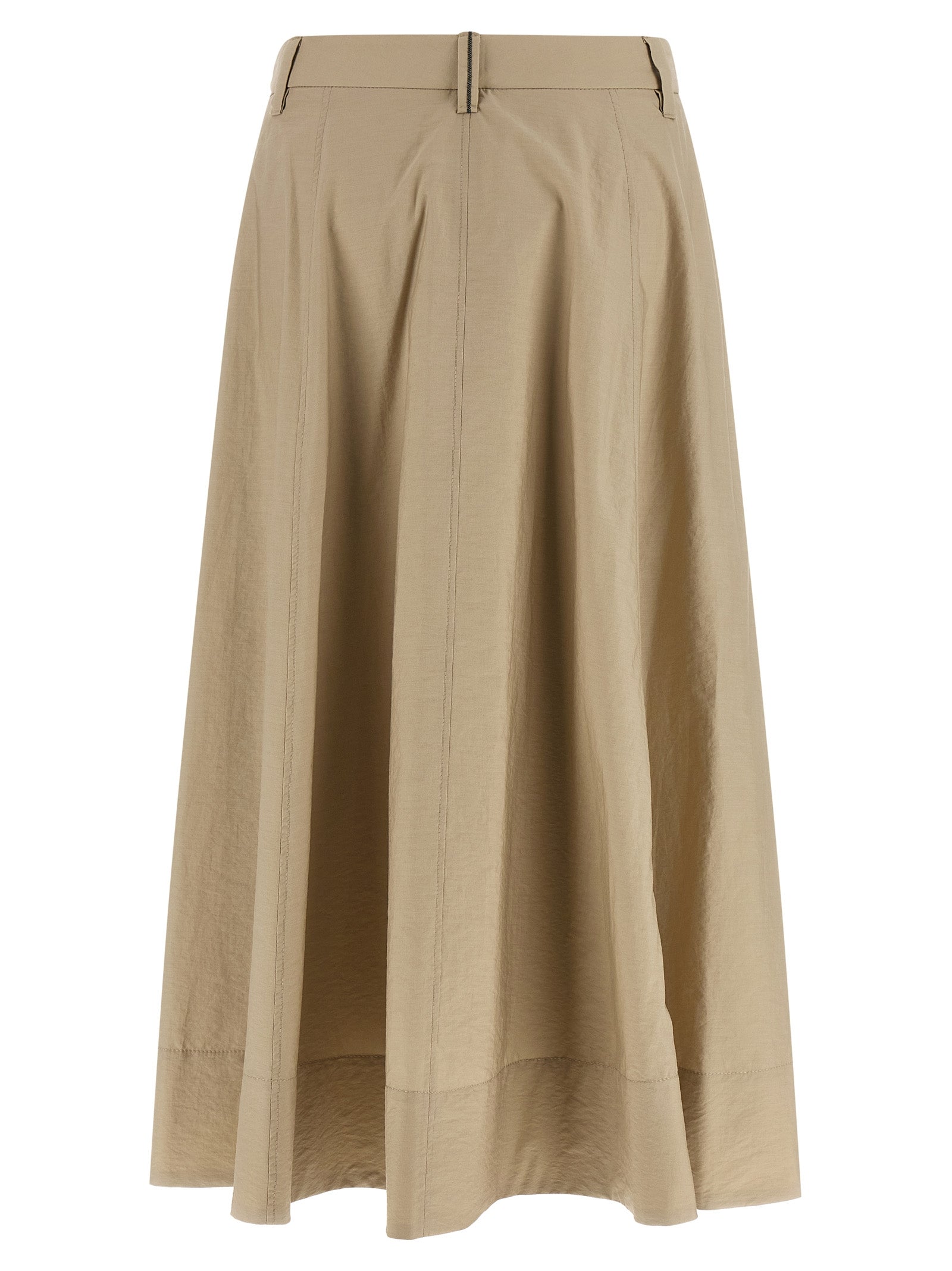 Skirt by Brunello Cucinelli for women in polyamide cotton beige showcases a sultry silhouette, elegantly defined by its midi and the sophisticated sultry design of the Women's Flared Polyamide Cotton Midi Skirt.