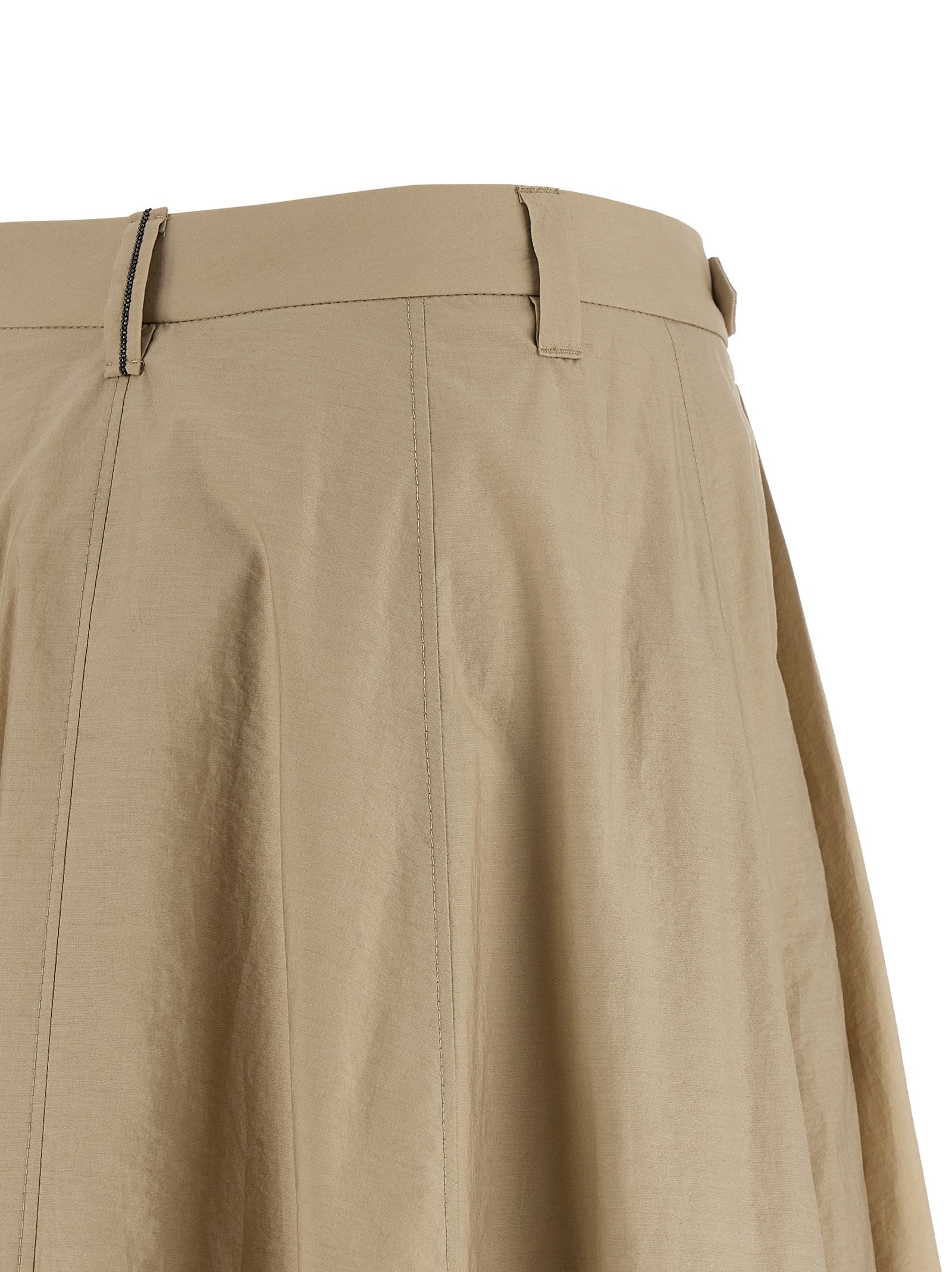 Skirt by Brunello Cucinelli for women in polyamide cotton beige features an tailored silhouette, artfully capturing the essence of Women's Flared Polyamide Cotton Midi Skirt in a sophisticated midi.