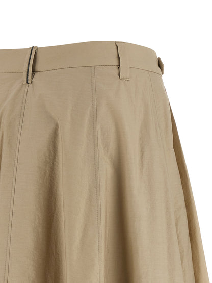 Skirt by Brunello Cucinelli for women in polyamide cotton beige features an tailored silhouette, artfully capturing the essence of Women's Flared Polyamide Cotton Midi Skirt in a sophisticated midi.