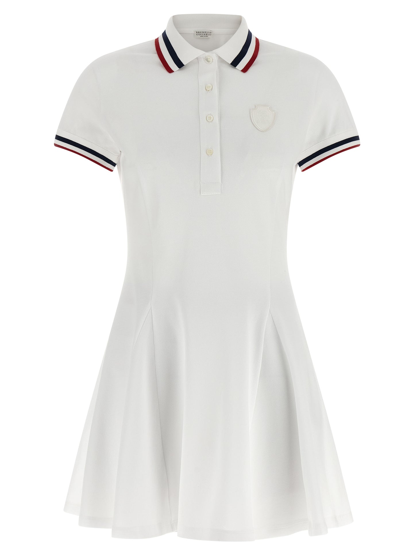 Dress by Brunello Cucinelli for women in stretch cotton white, signature & striped features a dramatic silhouette, showcasing an elegant shirt-collar neckline and short-sleeve that flows into a dramatic short mini.