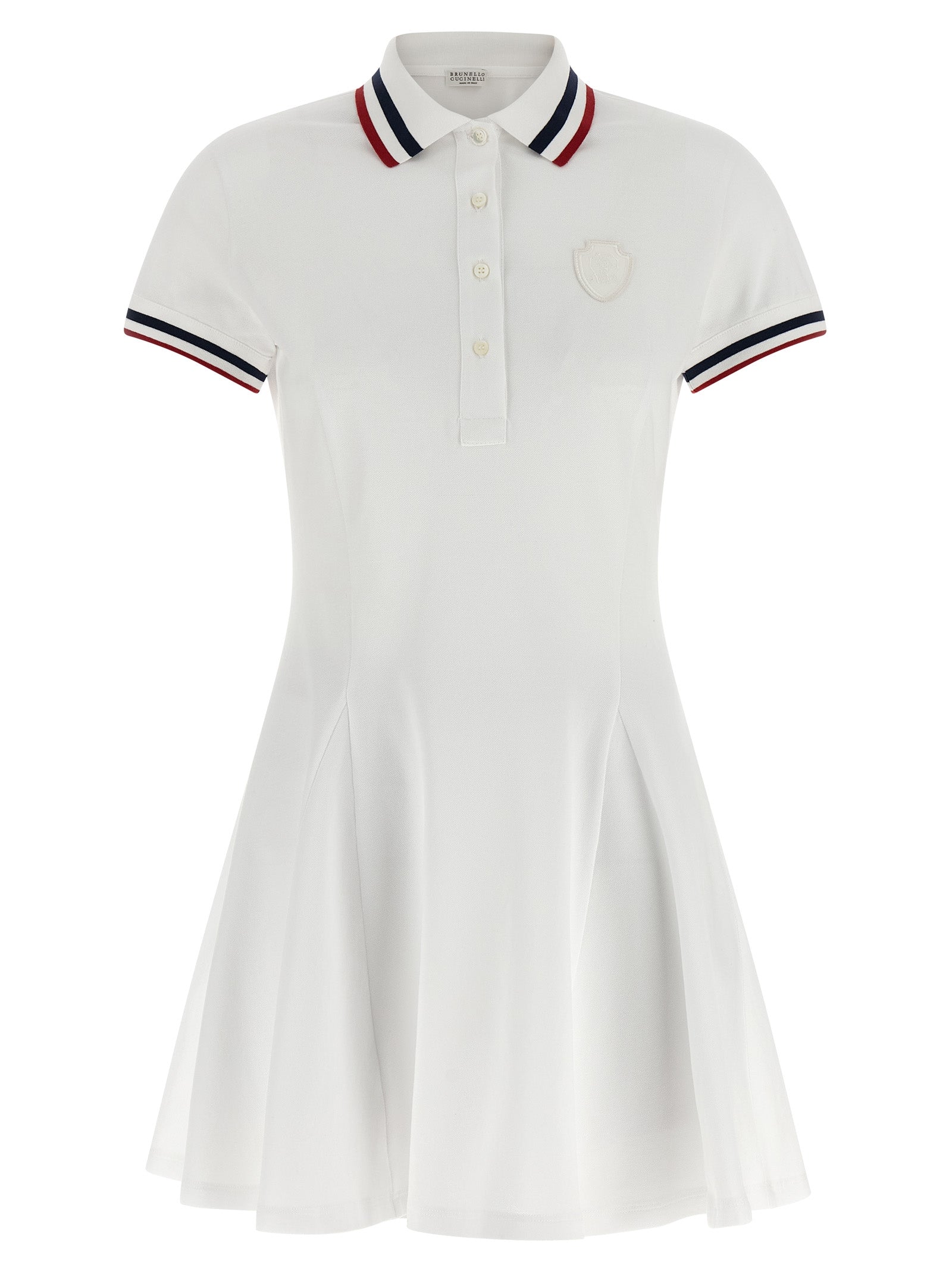 Dress by Brunello Cucinelli for women in stretch cotton white, signature & striped features a dramatic silhouette, showcasing an elegant shirt-collar neckline and short-sleeve that flows into a dramatic short mini.