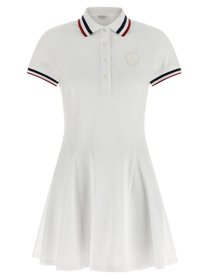 Dress by Brunello Cucinelli for women in stretch cotton white, signature & striped features a dramatic silhouette, showcasing an elegant shirt-collar neckline and short-sleeve that flows into a dramatic short mini.