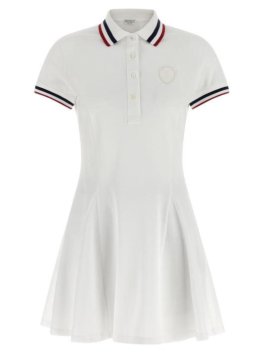 Dress by Brunello Cucinelli for women in stretch cotton white, signature & striped features a dramatic silhouette, showcasing an elegant shirt-collar neckline and short-sleeve that flows into a dramatic short mini.