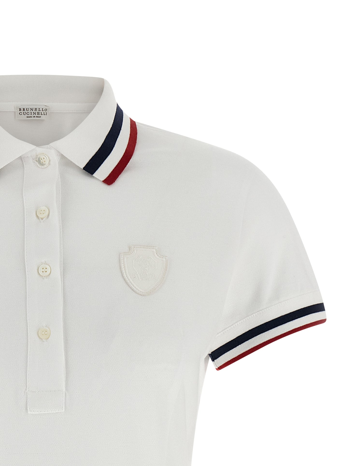Dress by Brunello Cucinelli for women in stretch cotton white, signature & striped features an sultry silhouette defined by a shirt-collar neckline and , falling to an sultry short mini for a sultry look.