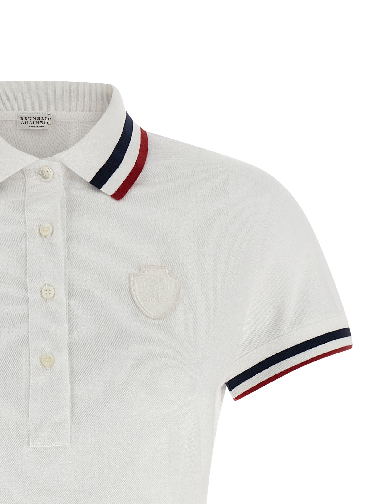 Dress by Brunello Cucinelli for women in stretch cotton white, signature & striped features an sultry silhouette defined by a shirt-collar neckline and , falling to an sultry short mini for a sultry look.