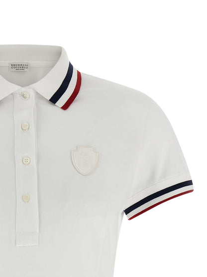 Dress by Brunello Cucinelli for women in stretch cotton white, signature & striped features an sultry silhouette defined by a shirt-collar neckline and , falling to an sultry short mini for a sultry look.