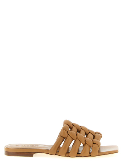 Tod's Women's Lambskin Leather Sliders Sandals Flat Shoes - Brown