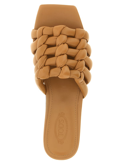 Tod's Women's Lambskin Leather Sliders Sandals Flat Shoes - Brown