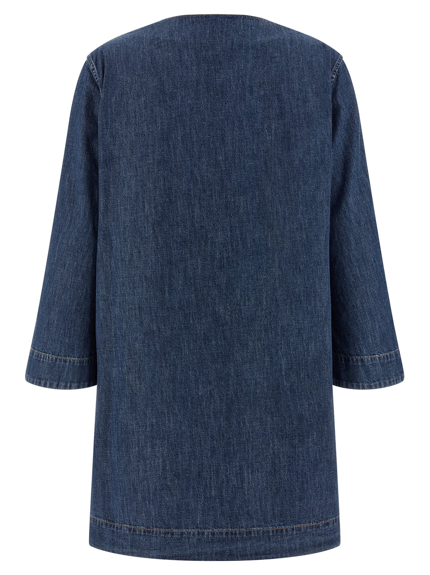 Dress by Valentino Garavani for women in denim cotton blue showcases a striking silhouette, elegantly detailed with a , refined v-neck neckline, and a striking short for a striking finish.