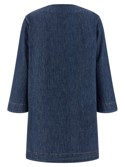Dress by Valentino Garavani for women in denim cotton blue showcases a striking silhouette, elegantly detailed with a , refined v-neck neckline, and a striking short for a striking finish.