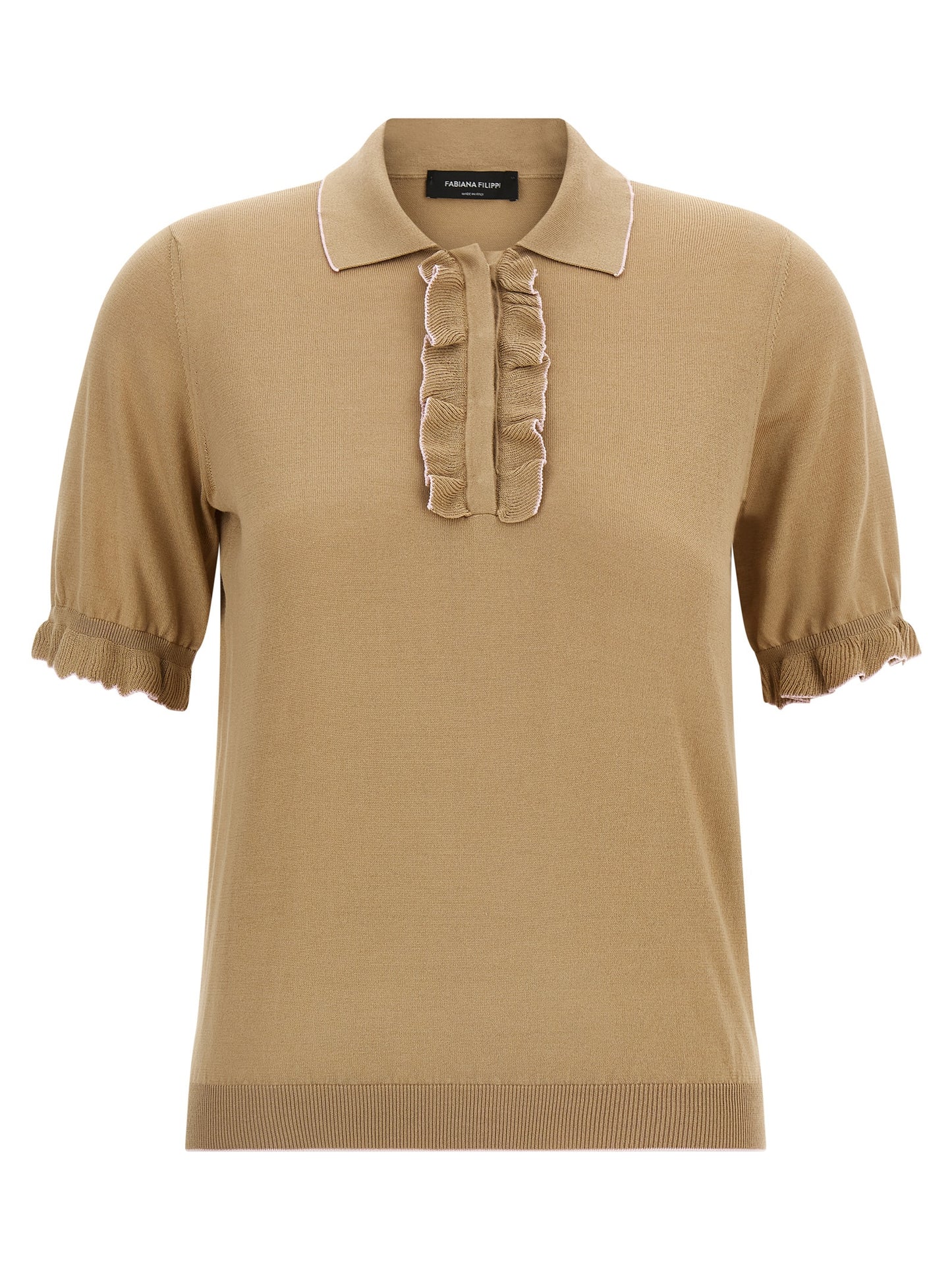 Polo Shirt by Fabiana Filippi for women in cotton & silk beige showcases a sharp silhouette, detailed with a refined and sharp short-sleeve for a sophisticated finish.