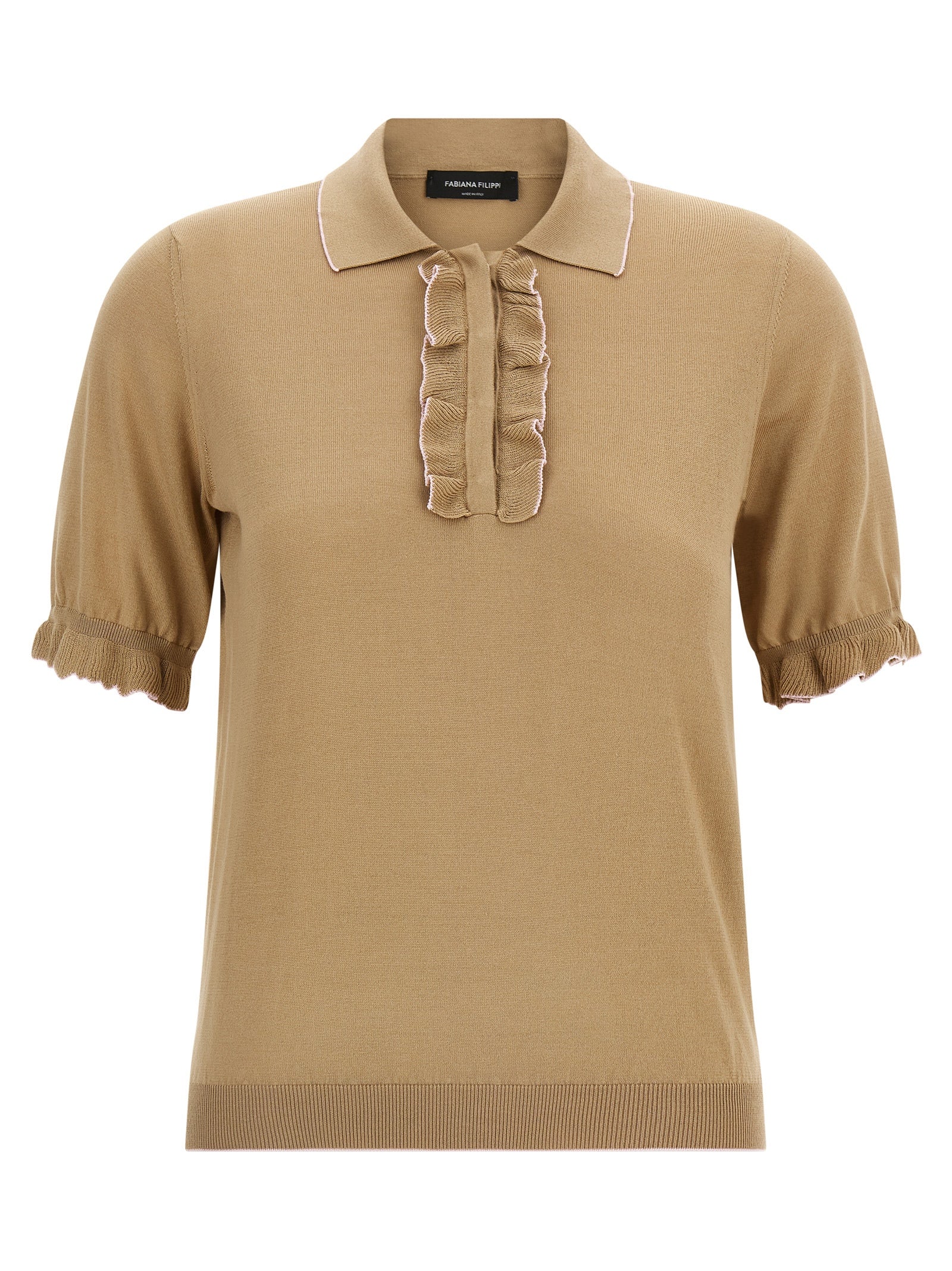 Polo Shirt by Fabiana Filippi for women in cotton & silk beige showcases a sharp silhouette, detailed with a refined and sharp short-sleeve for a sophisticated finish.