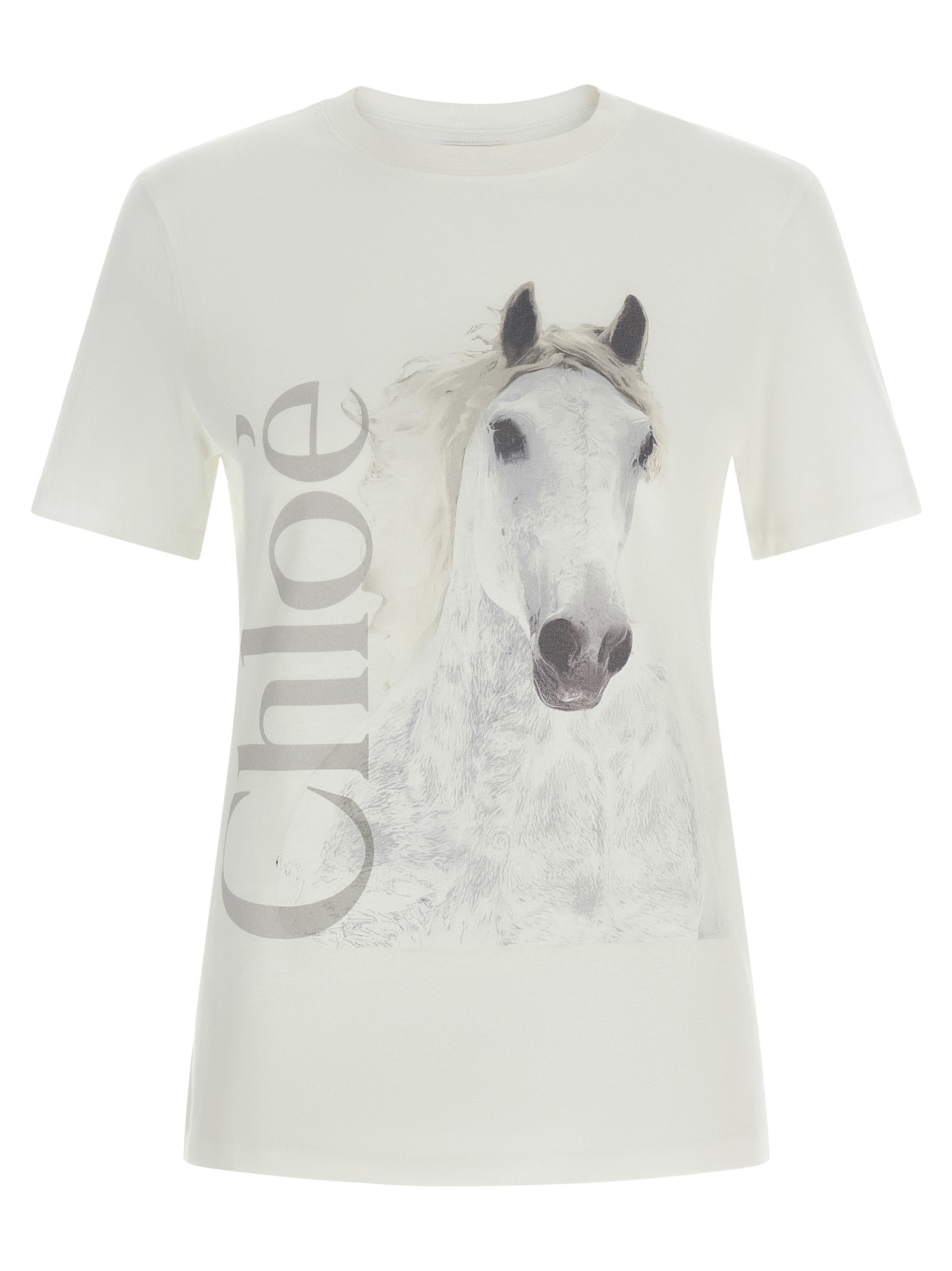 T-Shirt by Chloé for women in organic cotton denim white & print features a plush silhouette, showcasing a sophisticated crew neckline and short-sleeve for a truly plush finish.